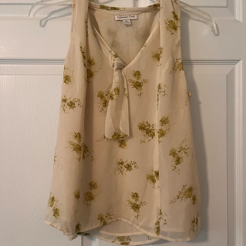Coldwater Creek Cream Green Sleeveless Tie Front Blouse
